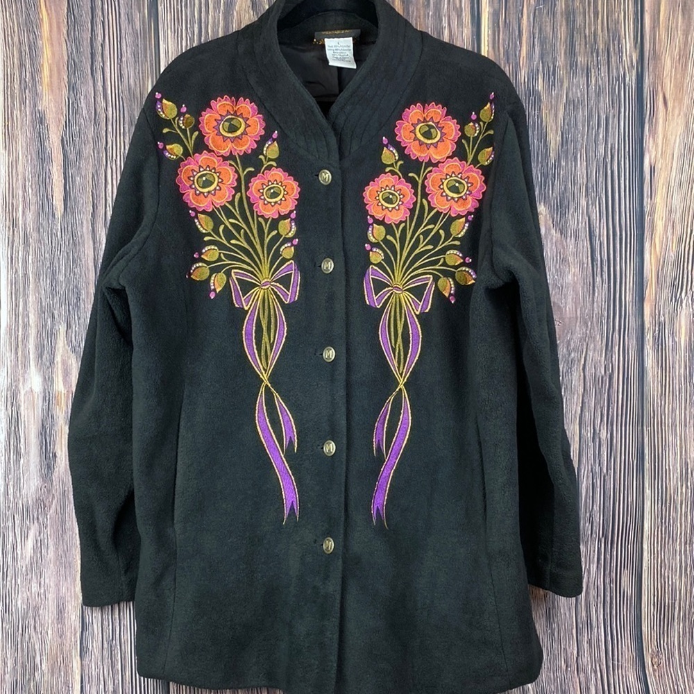 Woman’s Bob Mackie Embroidered Floral Pattern Black Coat- Size Large